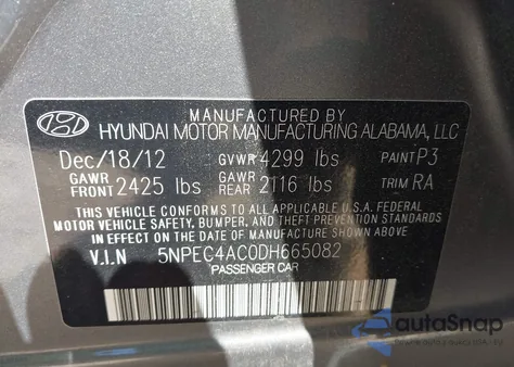2013 Hyundai Sonata Se z USA, uszkodzony, nr VIN 5NPEC4AC0DH665082